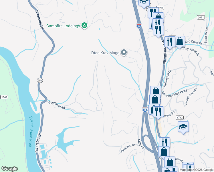 map of restaurants, bars, coffee shops, grocery stores, and more near 92 Running Ridge Road in Asheville