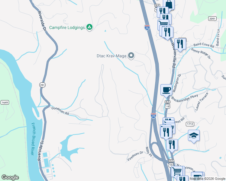map of restaurants, bars, coffee shops, grocery stores, and more near 92 Running Ridge Road in Asheville