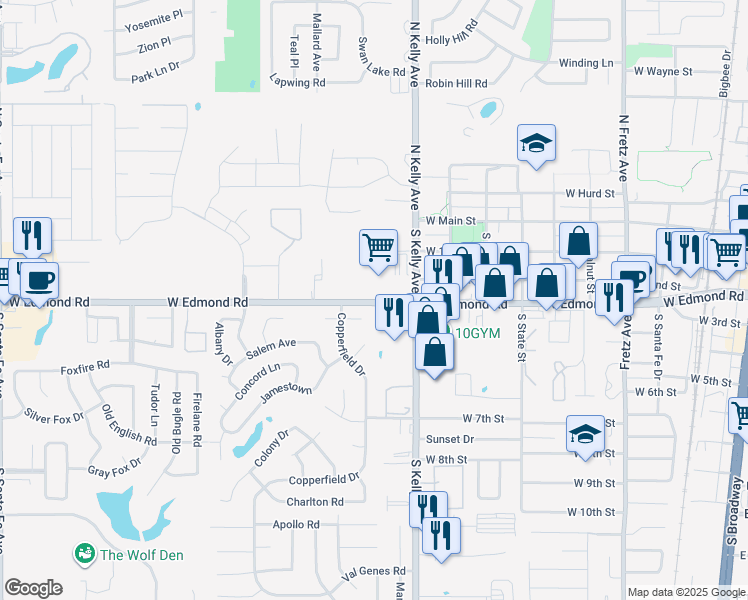 map of restaurants, bars, coffee shops, grocery stores, and more near West 3rd Street in Edmond