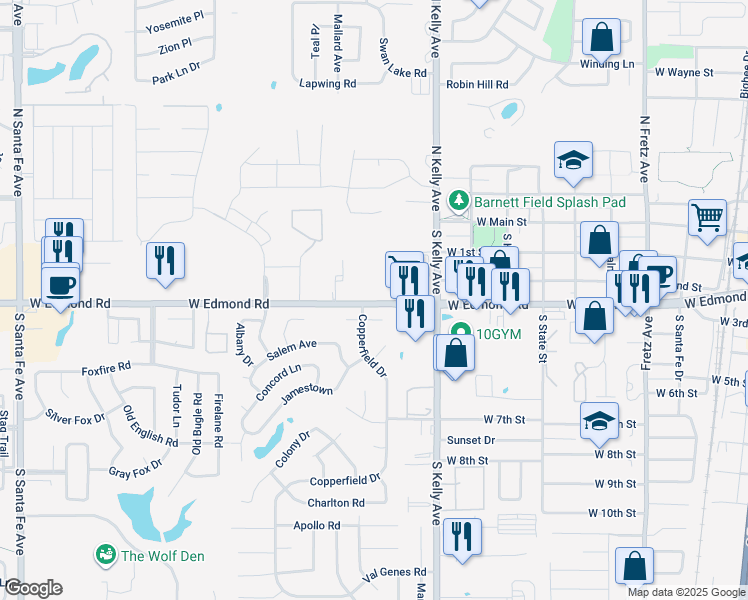 map of restaurants, bars, coffee shops, grocery stores, and more near 1125 West Edmond Road in Edmond
