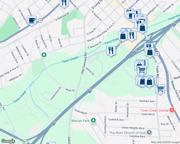 map of restaurants, bars, coffee shops, grocery stores, and more near 116 Harrel Street in Salisbury