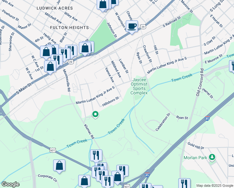 map of restaurants, bars, coffee shops, grocery stores, and more near 515 Vance Avenue in Salisbury