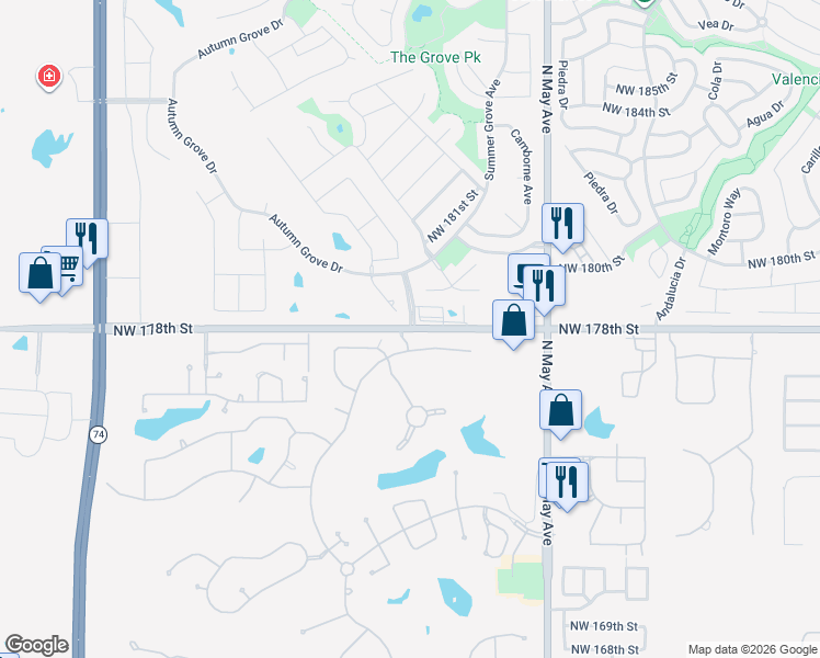 map of restaurants, bars, coffee shops, grocery stores, and more near 3215 Northwest 178th Street in Edmond