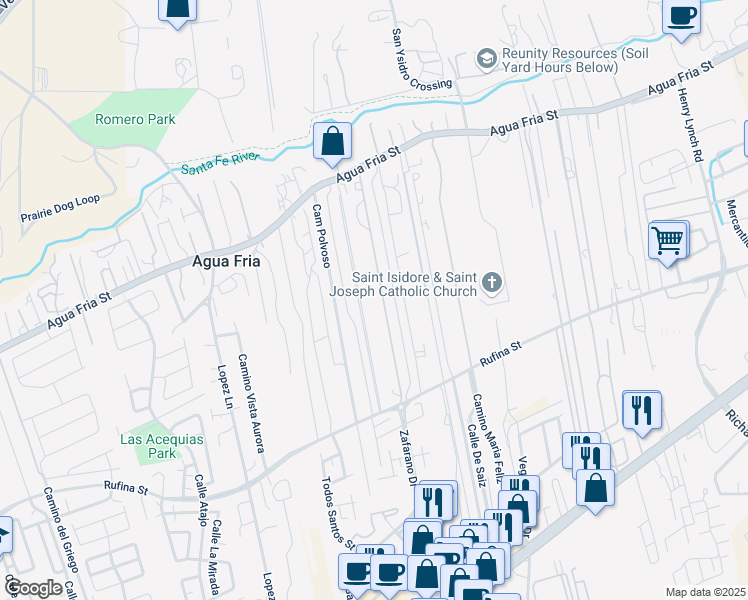 map of restaurants, bars, coffee shops, grocery stores, and more near 3774 Agua Fria Street in Santa Fe