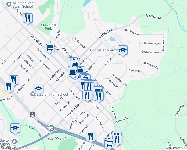 map of restaurants, bars, coffee shops, grocery stores, and more near 220 East Stallings Street in Clayton