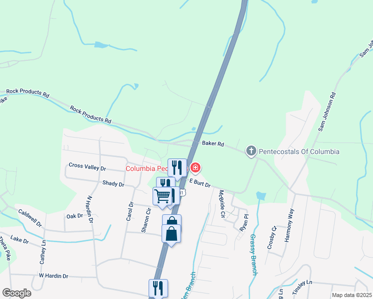 map of restaurants, bars, coffee shops, grocery stores, and more near 1611 Nashville Highway in Columbia