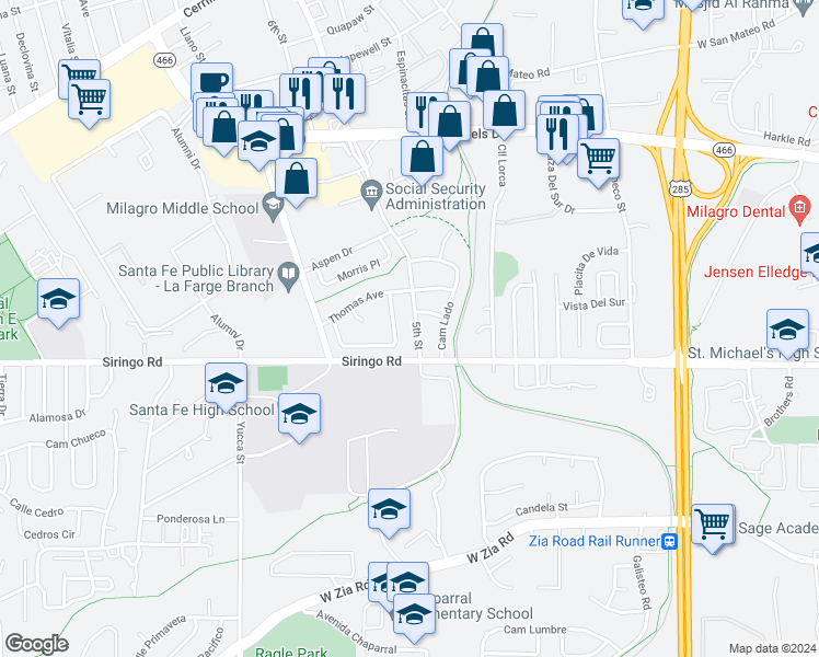 map of restaurants, bars, coffee shops, grocery stores, and more near 2090 5th Street in Santa Fe