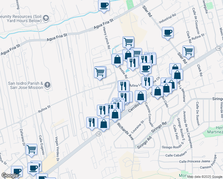 map of restaurants, bars, coffee shops, grocery stores, and more near 3300 Rufina Street in Santa Fe