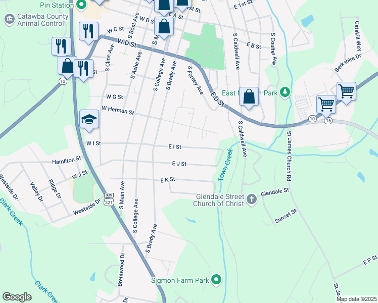 map of restaurants, bars, coffee shops, grocery stores, and more near 425 E I St in Newton