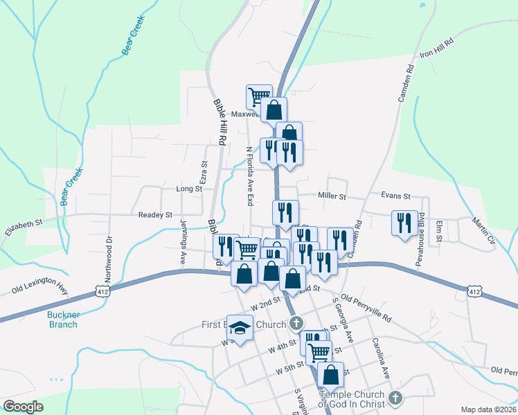 map of restaurants, bars, coffee shops, grocery stores, and more near 280 North Florida Avenue in Parsons