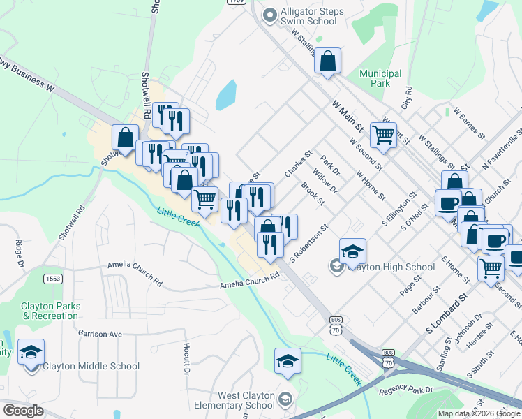 map of restaurants, bars, coffee shops, grocery stores, and more near 713 Carter Street in Clayton