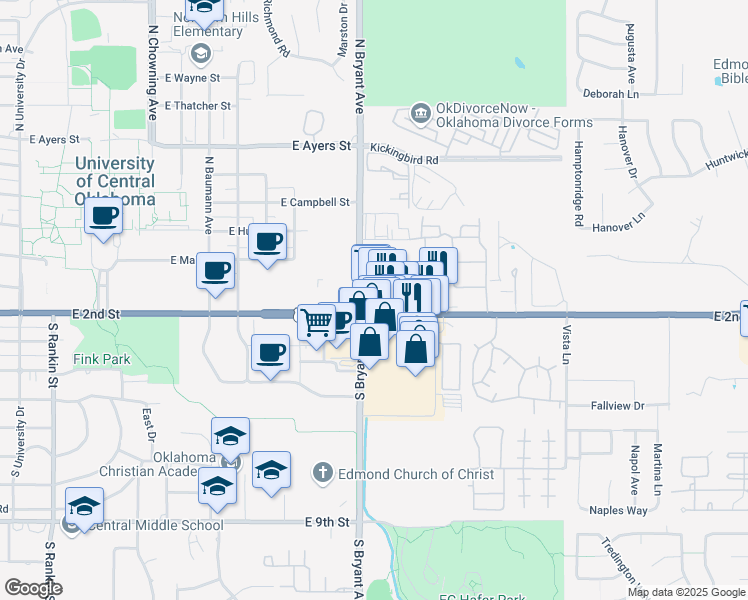 map of restaurants, bars, coffee shops, grocery stores, and more near 1521 East 2nd Street in Edmond