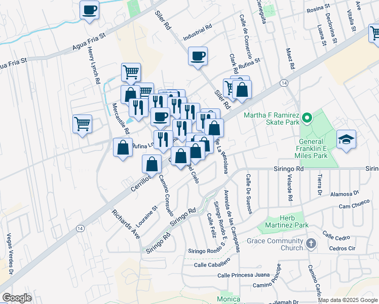 map of restaurants, bars, coffee shops, grocery stores, and more near 3136 Cerrillos Road in Santa Fe