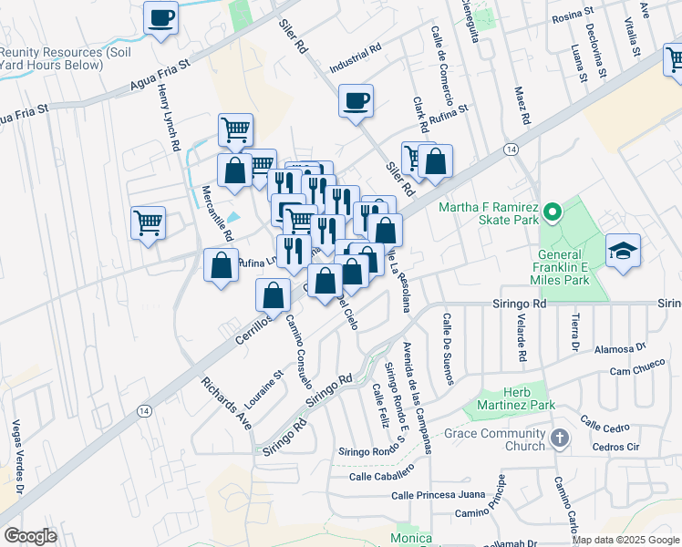 map of restaurants, bars, coffee shops, grocery stores, and more near 3136 Cerrillos Road in Santa Fe