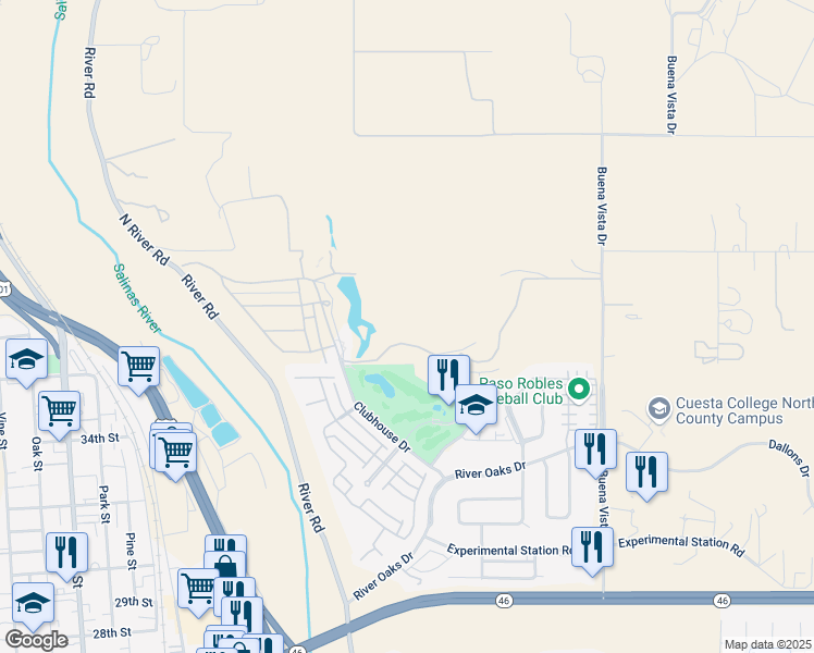 map of restaurants, bars, coffee shops, grocery stores, and more near 3725 Buena Vista Drive in Paso Robles