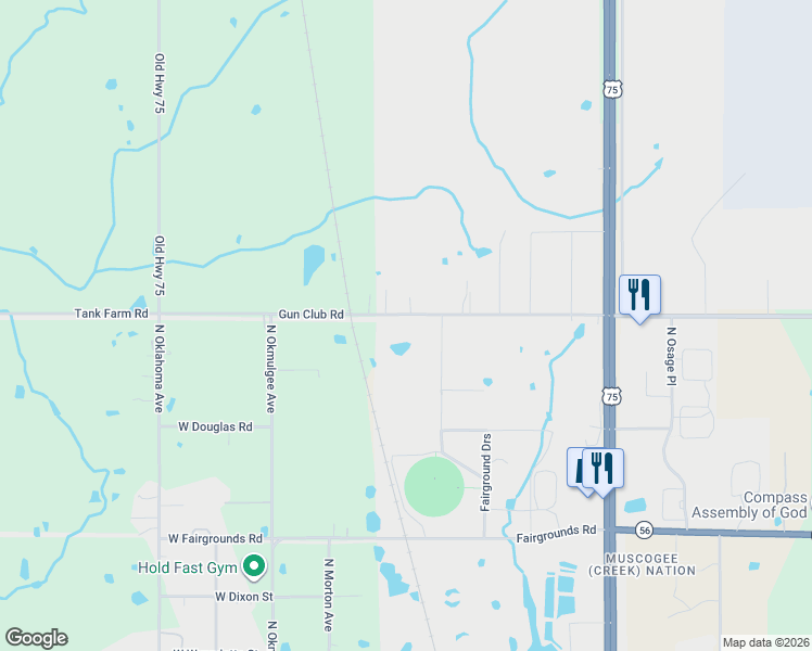 map of restaurants, bars, coffee shops, grocery stores, and more near 12510 Gun Club Road in Okmulgee