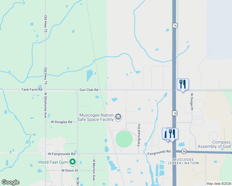 map of restaurants, bars, coffee shops, grocery stores, and more near 12510 Gun Club Road in Okmulgee