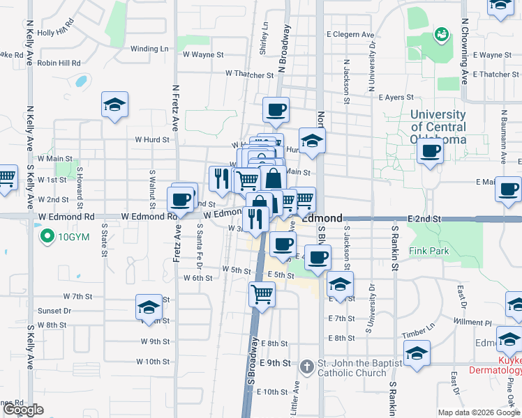 map of restaurants, bars, coffee shops, grocery stores, and more near 19 West Edmond Road in Edmond