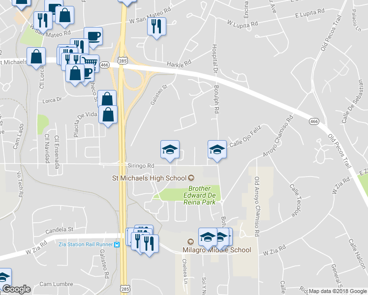 map of restaurants, bars, coffee shops, grocery stores, and more near 2140 Ridgeview Circle in Santa Fe