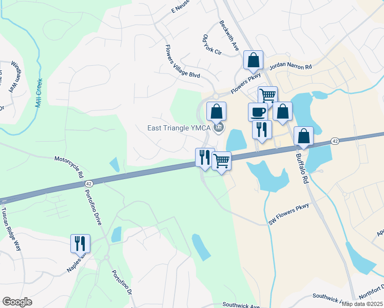 map of restaurants, bars, coffee shops, grocery stores, and more near 49 Serenia Circle in Clayton