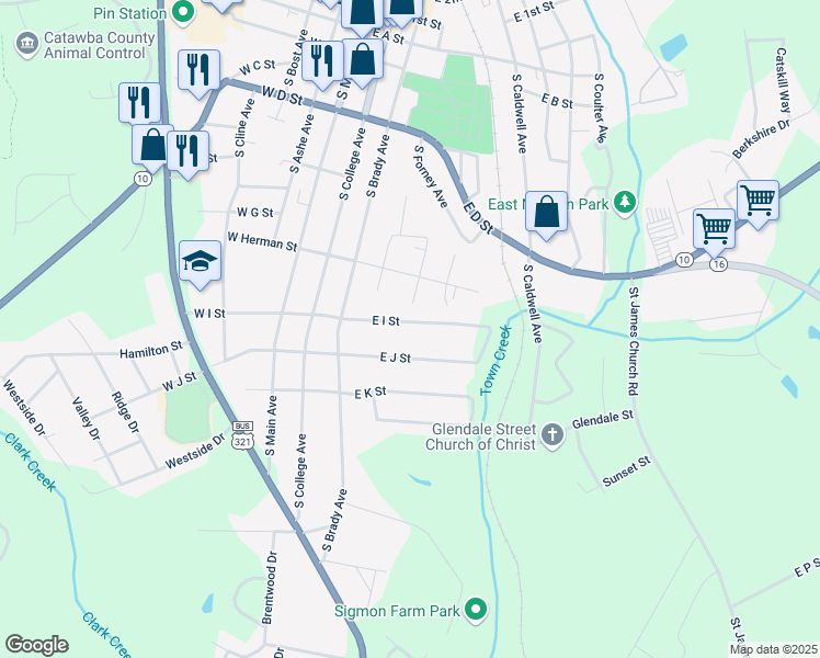 map of restaurants, bars, coffee shops, grocery stores, and more near 425 East I Street in Newton