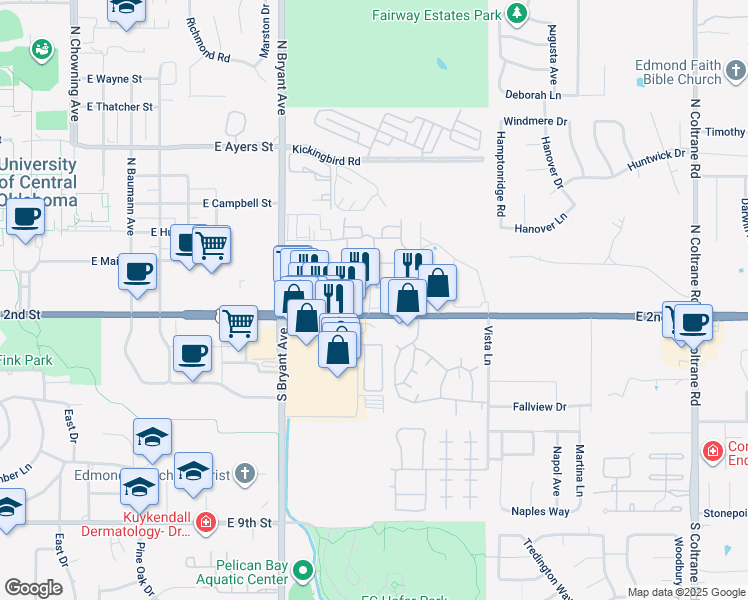 map of restaurants, bars, coffee shops, grocery stores, and more near 1809 East 2nd Street in Edmond