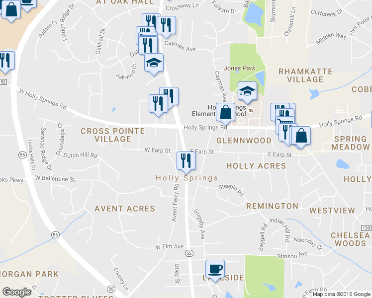 map of restaurants, bars, coffee shops, grocery stores, and more near 251 North Main Street in Holly Springs