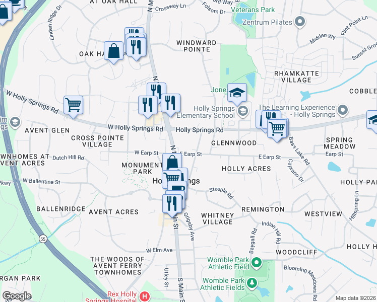 map of restaurants, bars, coffee shops, grocery stores, and more near 124 East Earp Street in Holly Springs