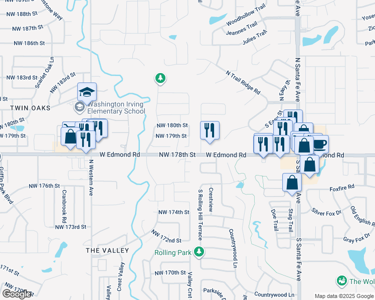 map of restaurants, bars, coffee shops, grocery stores, and more near 520 Northwest 179th Circle in Edmond