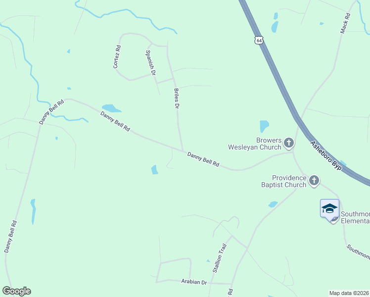 map of restaurants, bars, coffee shops, grocery stores, and more near 1674 Danny Bell Road in Asheboro