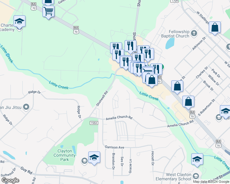 map of restaurants, bars, coffee shops, grocery stores, and more near 249 Tuscarora Lane in Clayton