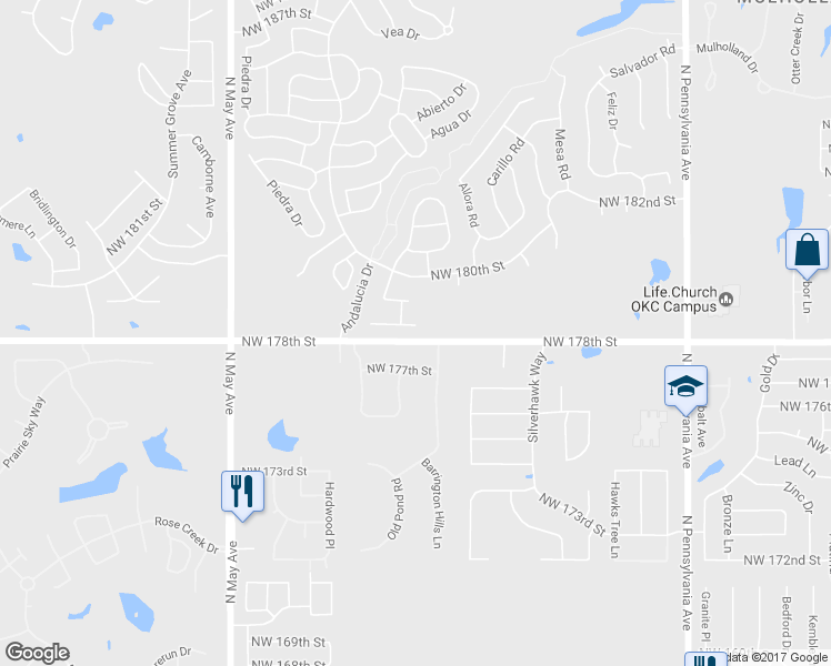 map of restaurants, bars, coffee shops, grocery stores, and more near 2508 NW 179th Ct in Edmond