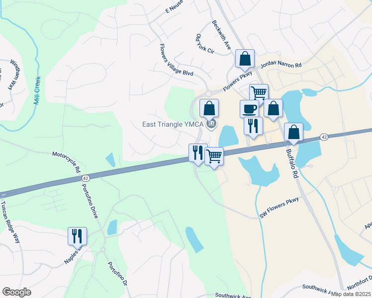 map of restaurants, bars, coffee shops, grocery stores, and more near 49 Serenia Circle in Clayton