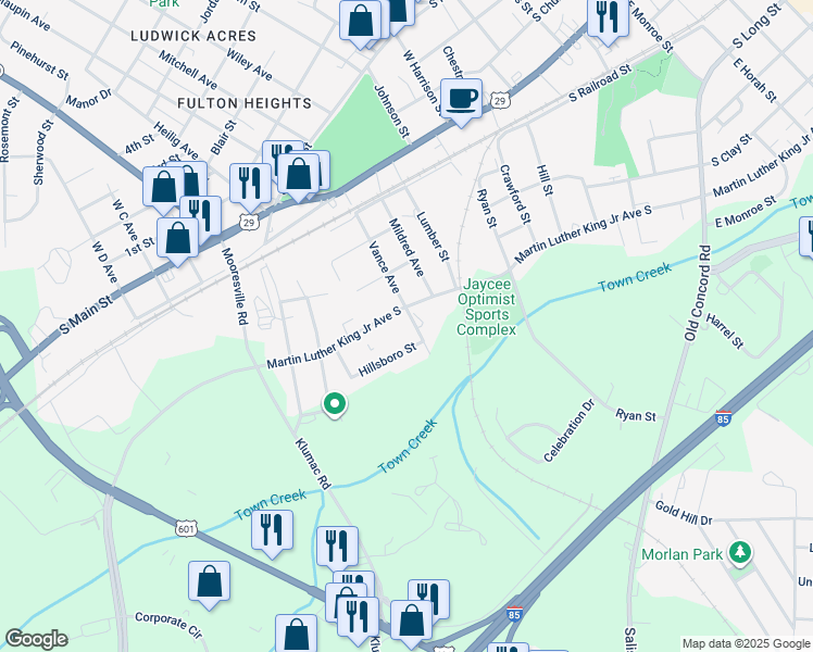 map of restaurants, bars, coffee shops, grocery stores, and more near 511 Vance Avenue in Salisbury