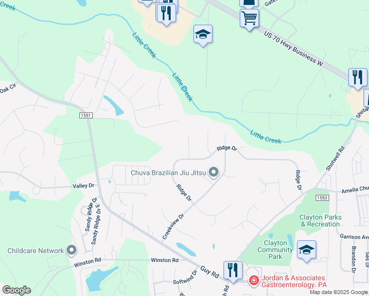 map of restaurants, bars, coffee shops, grocery stores, and more near 2005 Buckskin Drive in Clayton