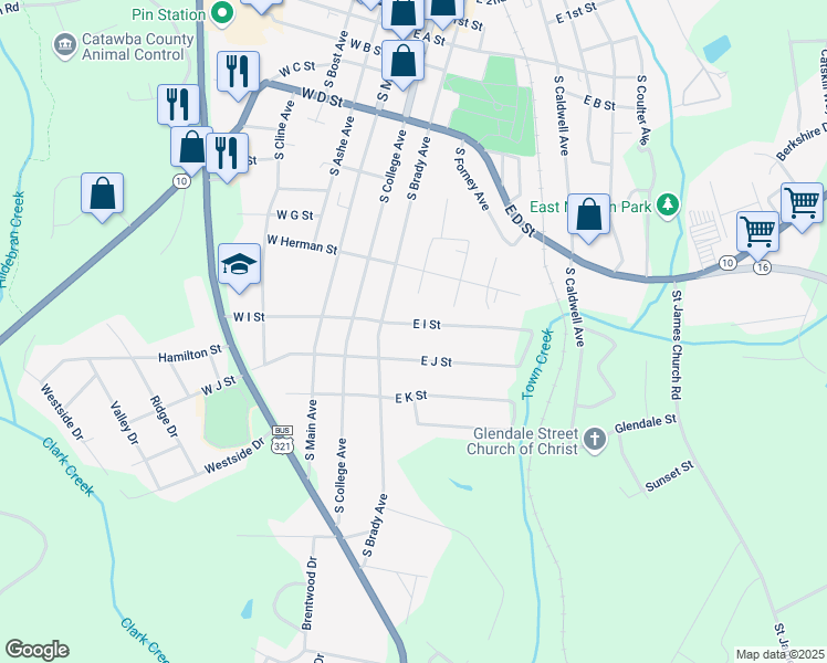 map of restaurants, bars, coffee shops, grocery stores, and more near 213 East I Street in Newton