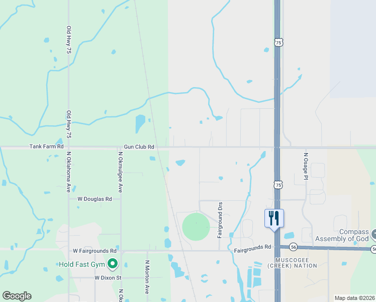 map of restaurants, bars, coffee shops, grocery stores, and more near 12510 Gun Club Road in Okmulgee