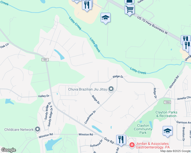 map of restaurants, bars, coffee shops, grocery stores, and more near 2005 Buckskin Drive in Clayton