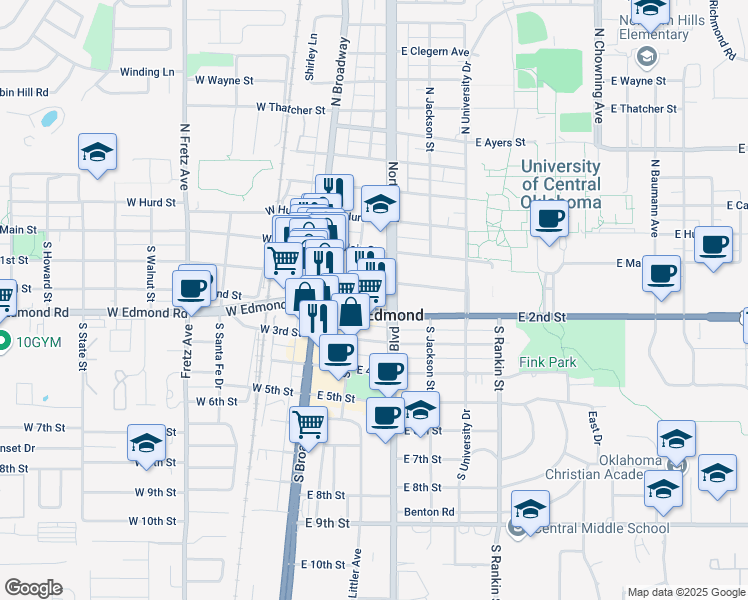 map of restaurants, bars, coffee shops, grocery stores, and more near 109 East 2nd Street in Edmond