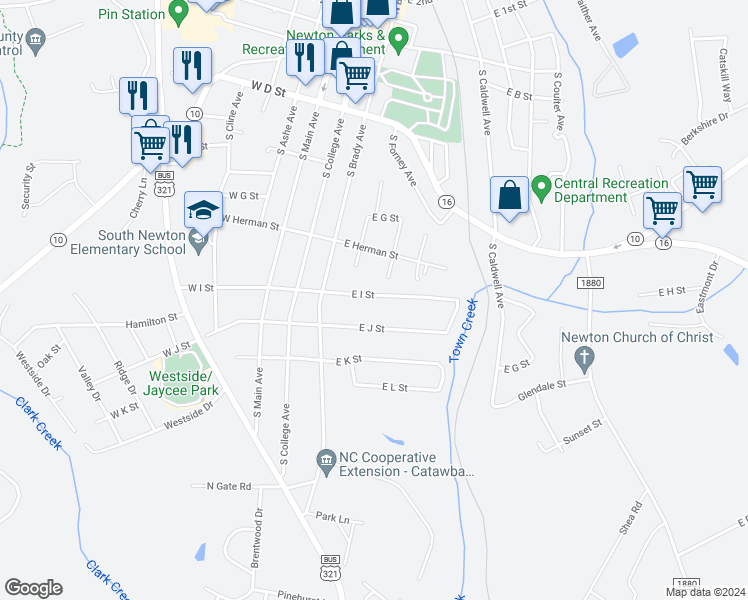 map of restaurants, bars, coffee shops, grocery stores, and more near 331 East I Street in Newton