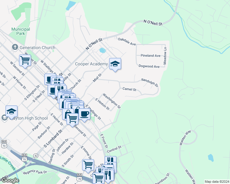 map of restaurants, bars, coffee shops, grocery stores, and more near 532 Cooper Street in Clayton