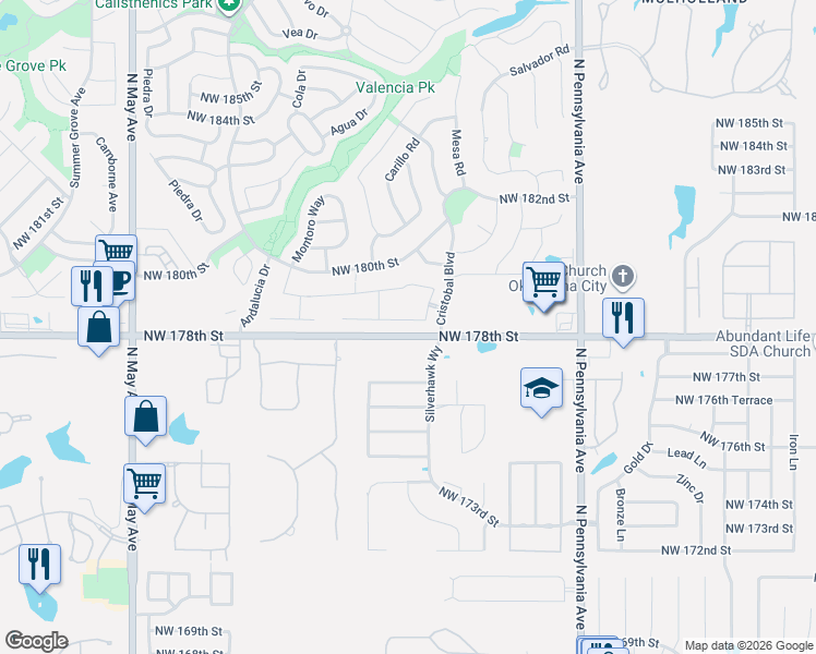 map of restaurants, bars, coffee shops, grocery stores, and more near 2408 Northwest 179th Street in Edmond