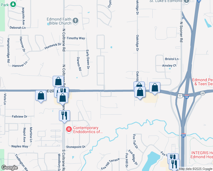 map of restaurants, bars, coffee shops, grocery stores, and more near 103 South Bradbury Drive in Edmond