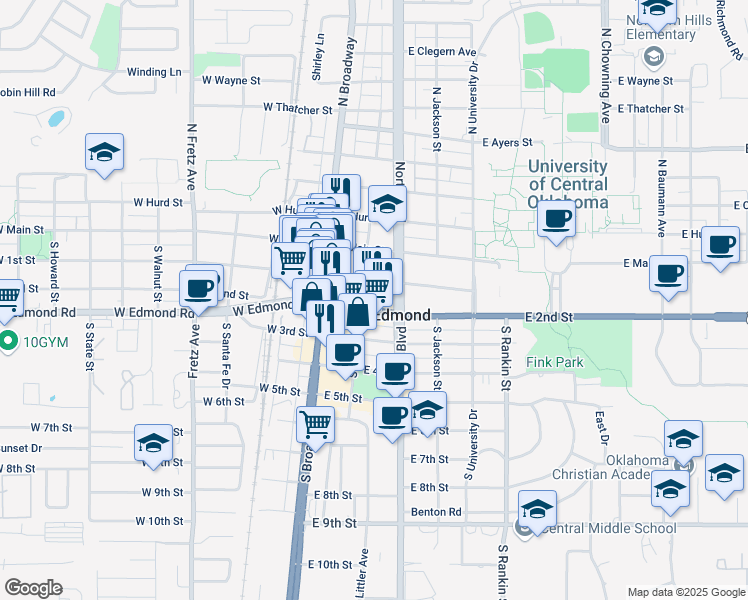 map of restaurants, bars, coffee shops, grocery stores, and more near 109 E 2nd St in Edmond