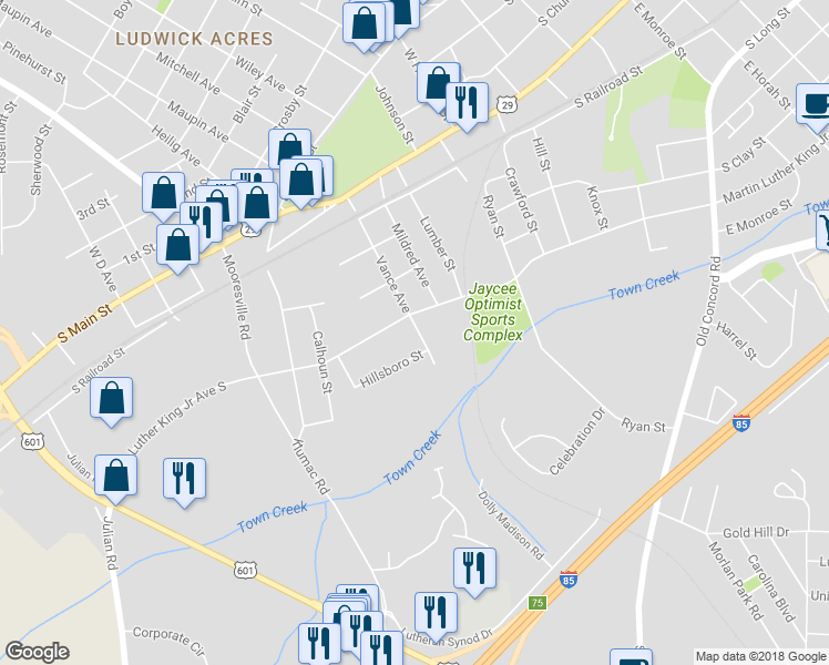 map of restaurants, bars, coffee shops, grocery stores, and more near 511 Vance Avenue in Salisbury