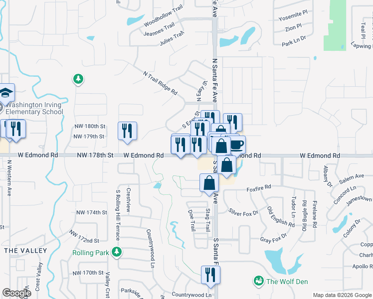 map of restaurants, bars, coffee shops, grocery stores, and more near 217 Woodbridge Circle in Edmond