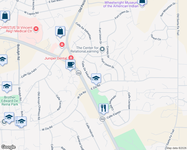 map of restaurants, bars, coffee shops, grocery stores, and more near 632 Calle De Valdes in Santa Fe