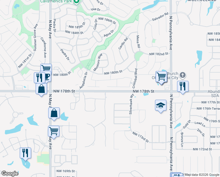 map of restaurants, bars, coffee shops, grocery stores, and more near 2505 Northwest 178th Street in Edmond