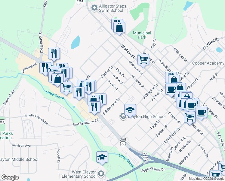map of restaurants, bars, coffee shops, grocery stores, and more near 608 Mitchell Street in Clayton