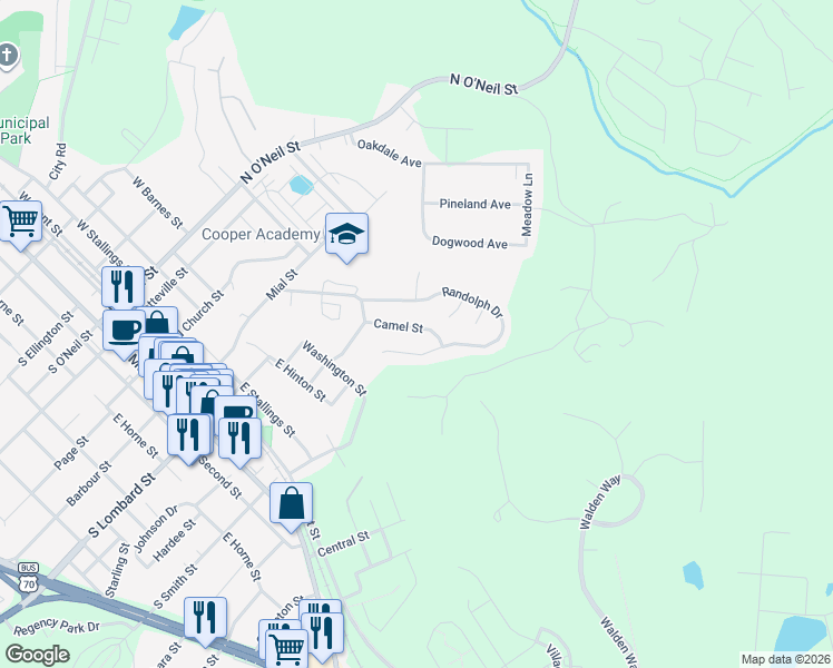 map of restaurants, bars, coffee shops, grocery stores, and more near 515 Camel Street in Clayton